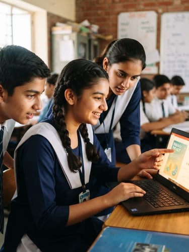 Over-the-shoulder medium close-up of high school students in India collaborating over a laptop, bright natural classroom light with soft screen glow, vibrant clean tones, shallow depth of field, active engagement.
