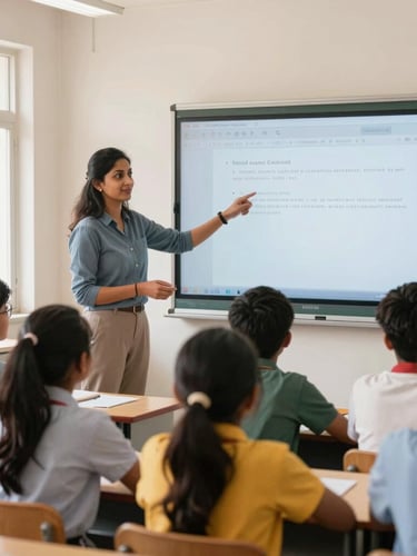 A teacher in India guiding students through an interactive digital board lesson, bright airy classroom, natural window light, focused collaboration, dynamic side angle.
