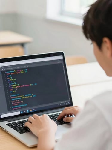 Over-the-shoulder shot of a high school student coding on a laptop, vibrant digital interface visible, soft classroom light, focused expression, shallow depth of field