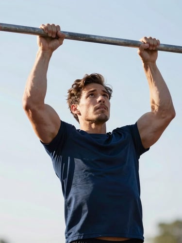 Dynamic medium shot of an athlete doing pull-ups on an outdoor bar, bright daylight, high contrast, focused expression