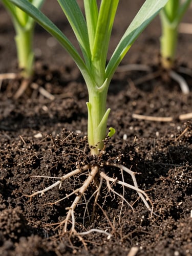 Macro photograph of healthy vibrant crop roots growing in rich dark soil, direct morning sunlight, shallow depth of field, 35mm agricultural photography