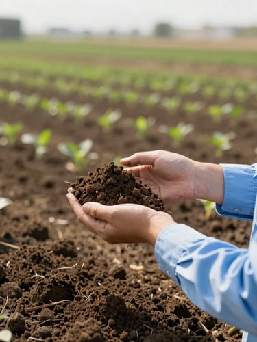 An agronomist in a light blue shirt holding a soil sample in a thriving commercial field, natural morning sunlight, rich earth tones, shallow depth of field