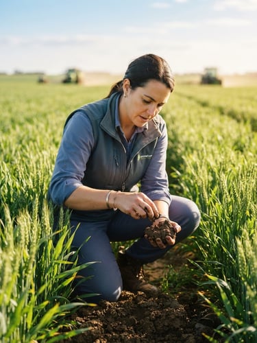 An agronomist in bright morning light holding a soil sample in a vibrant commercial crop field, rich earth tones, shallow depth of field, 35mm