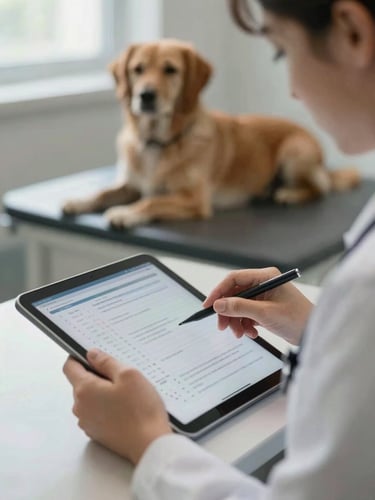 Close-up medium shot of a veterinarian's hands entering notes on a tablet screen at a clinic workstation, a dog patient partially visible on the examination table in soft focus background, natural window light, clinical but warm atmosphere