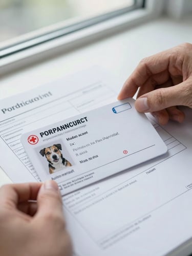 Macro close-up of a dog's vaccination card and a printed lab result resting on a white clinical surface, a hand resting at the edge reviewing the page, natural daylight from a clinic window, precise and unhurried framing