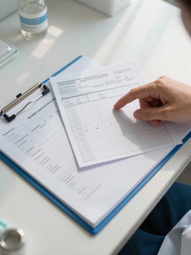 Overhead flat-lay of a pet medical file folder open on a clinic desk, vaccination records and printed test results fanned out, a hand pointing to a specific entry, natural daylight from a nearby window casting soft shadows, clinical white surface