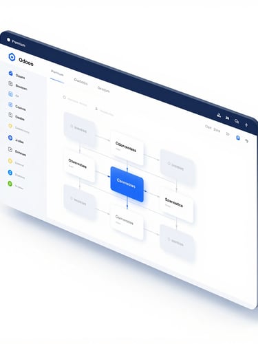 Premium 3D render of a custom Odoo module interface, showing a complex workflow diagram with subtle glassmorphism effects, crisp high-key studio light, and clean isometric perspective, on a bright white background.