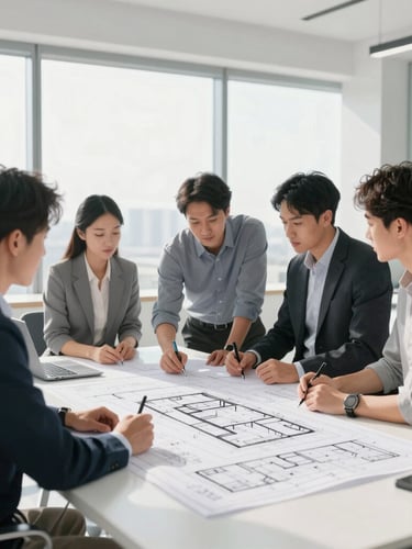 Professional team collaborating over architectural blueprints, modern office environment, bright natural daylight, medium-close shot, bleeding to the left edge.