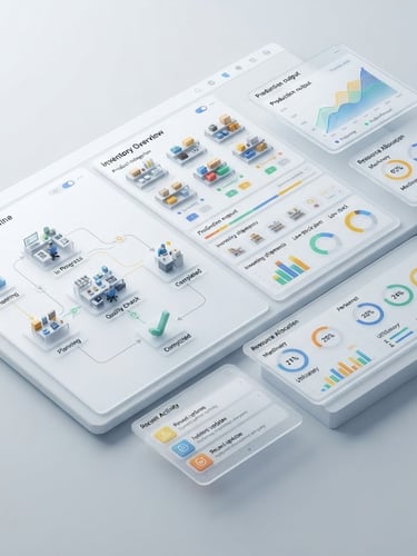 High-fidelity, crisp 3d render of a modern Odoo ERP dashboard, showing real-time inventory and manufacturing pipelines, subtle glassmorphism, clean isometric perspective, studio light, bleeding to the right edge.