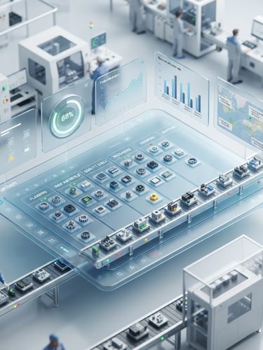 High-fidelity Odoo ERP dashboard showing real-time manufacturing pipeline, with a clean, modern industrial warehouse environment in the background, crisp high-key studio light, subtle glassmorphism, clean isometric perspective