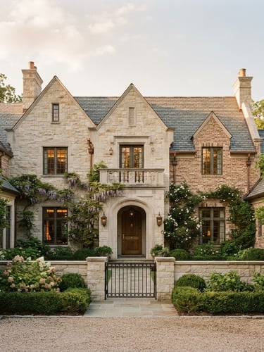 Architectural perspective of a secure limestone estate home in warm natural daylight, soft shadows, elegant brickwork textures, medium format film.