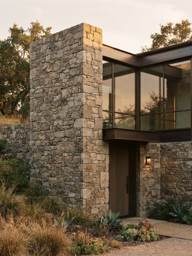 Architectural detail of a secure, modern stone residence, warm natural evening light, soft shadows, medium format film