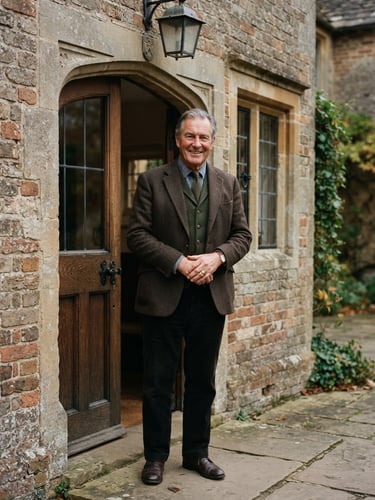 Candid portrait of an asset owner standing near a secure brick entryway, soft natural daylight, muted earthy tones, medium format film