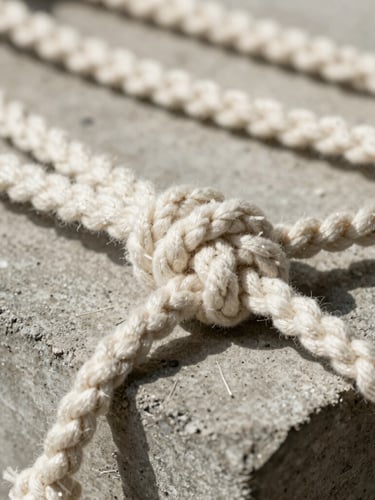 Extreme macro detail shot of heavy-gauge cotton macrame knots under high tension, resting on a raw brutalist concrete plinth, harsh side-lighting casting deep shadows
