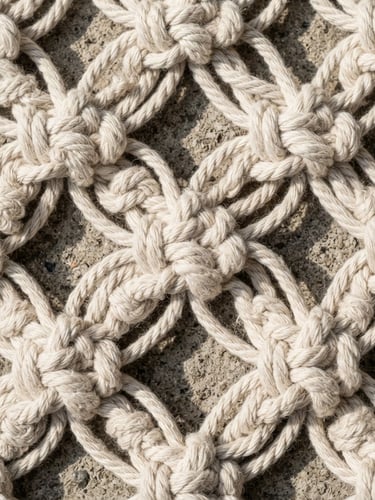 Macro detail shot of heavy-gauge organic cotton cord knotted in a dense, high-tension geometric pattern, harsh side-lighting casting deep shadows, resting on raw concrete
