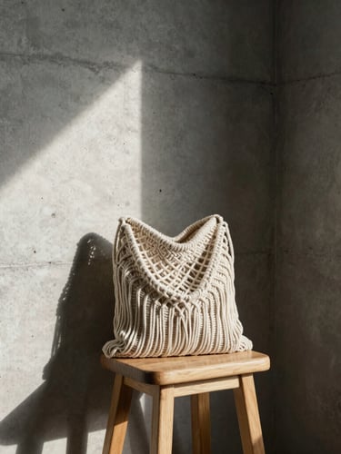 A minimalist, sunlit studio corner with raw concrete walls, a single wooden stool holding a structured macrame bag, hard side-shadows casting deep texture