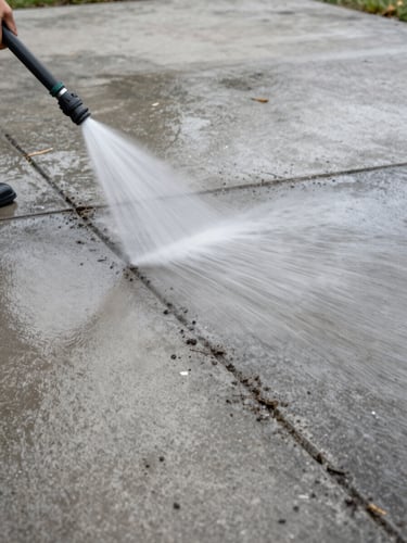 Close-up wide shot of a concrete driveway surface mid-clean, high-pressure water jet removing a streak of dark grime to reveal clean pale grey concrete beneath, overcast daylight, shot from above at slight angle showing the clean-dirty boundary clearly