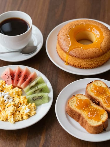 Overhead flat-lay of a bright, clean breakfast table setting under soft natural morning daylight, featuring sweet potato bread, skillet bread, scrambled eggs, fresh fruits, and a cup of coffee, warm organic tones, 50mm lens