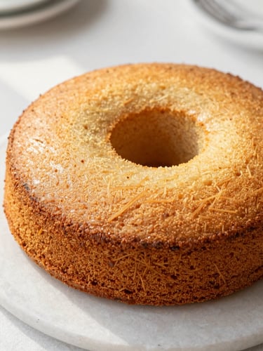 Close-up 45-degree angle of a rustic, homemade round orange cake with a center hole, soft natural morning daylight, warm organic tones, clean rustic setting, shallow depth of field