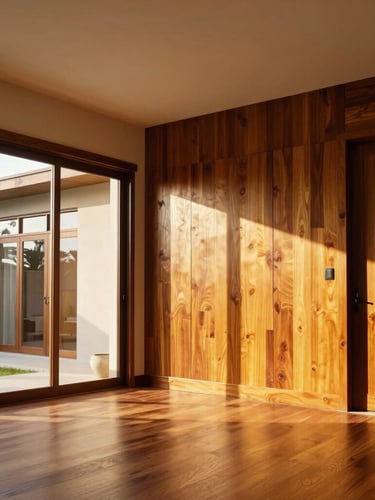 Sun-drenched modern Cebuano villa interior with polished teak wood panels, golden-hour sunlight streaming through floor-to-ceiling glass, 35mm.