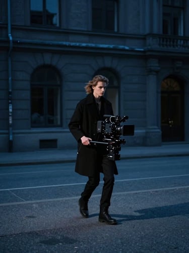 Anamorphic wide shot of a high-end fashion video shoot on location in Oslo, professional cinema camera on a stabilizer tracking a model, dramatic low-key lighting, cool blue tones.