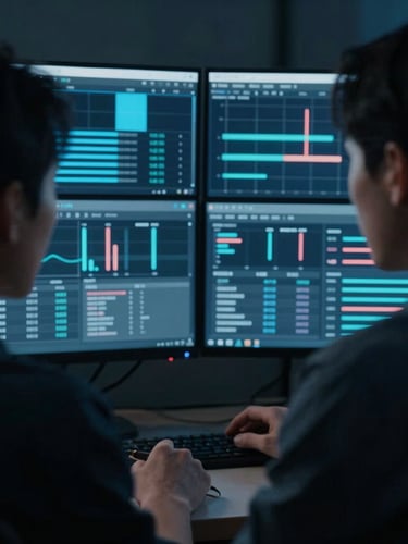 Cinematic medium close-up of a creative director and a lead media buyer analyzing raw footage and real-time ROAS dashboards in a moody, low-key lit studio, cool blue tones, anamorphic lens.
