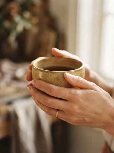 Warm editorial photography, hands holding a warm ceramic vessel in soft morning window light, muted earthy tones, shallow depth of field, 35mm film.