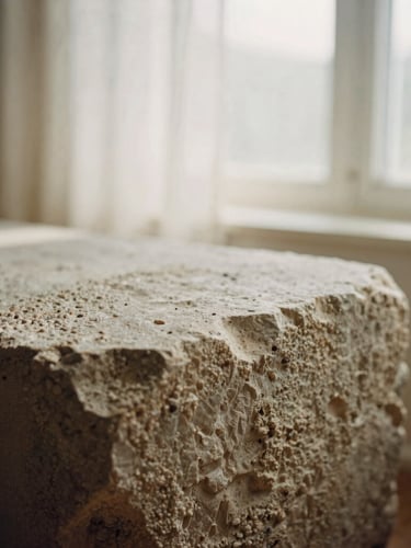 Warm editorial photography, close-up of organic textures like stone and linen in soft morning window light, muted earthy tones, shallow depth of field, 35mm film.