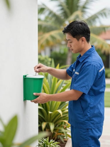 Bright natural daylight photo of a professional technician in uniform placing a non-toxic bait station near a clean garden wall, sharp focus, clinical green and blue tones