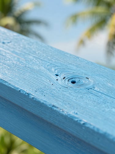 Macro shot of structural wood showing early termite tunnels, bright natural tropical daylight, sharp focus, clinical blue and green tones