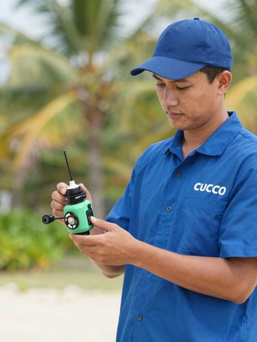 A professional technician in a clean branded blue uniform holding modern eco-friendly baiting equipment, bright natural tropical daylight, sharp focus