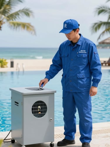 A professional pest control technician in a clean, branded blue uniform inspecting a non-toxic bait station near a luxury beach resort pool in Mactan, bright natural tropical daylight, sharp focus, commercial editorial style.