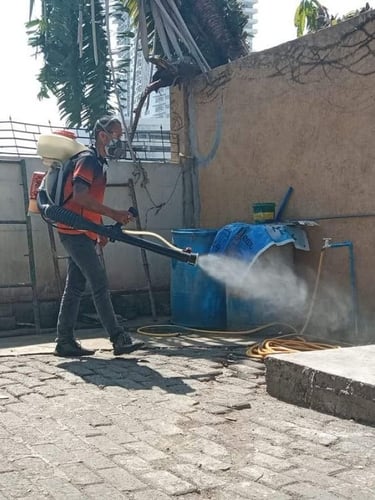 A pest control worker using a motorized mist blower for outdoor fogging and disinfectant spraying.