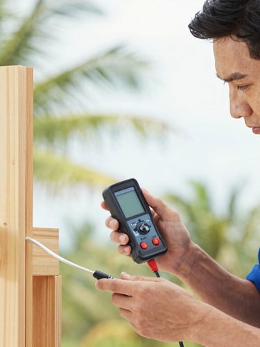 Bright professional photography of a technician inspecting structural wood with a moisture meter, natural daylight, sharp focus
