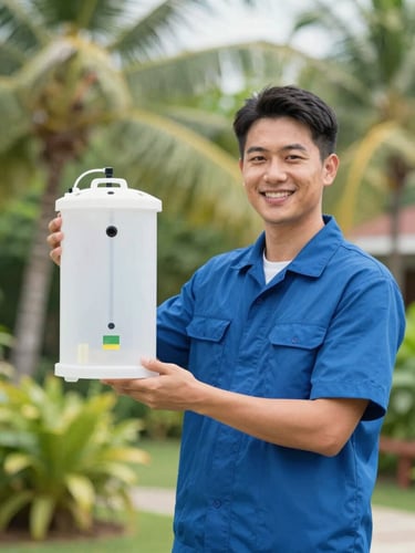 Bright professional pest control technician in clean uniform holding a modern eco-friendly bait station, natural tropical daylight, clean blue and green tones