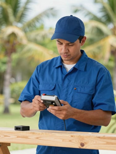Bright professional photography of a local pest technician in a clean blue uniform inspecting structural wood with advanced diagnostic tools under bright natural tropical daylight.