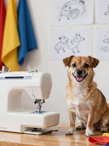 A warm family workshop scene in Celaya with colorful fabrics, sketch patterns on the wall, and a happy small dog sitting comfortably near a sewing machine, soft natural light