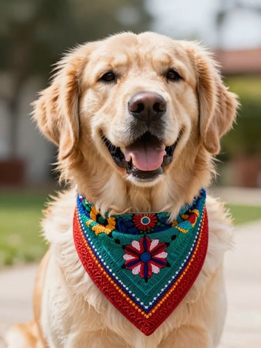 Perro feliz raza Golden Retriever con un collar con adorno de pañoleta bordada