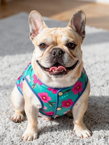 Eye-level portrait of a happy French Bulldog wearing a vibrant, custom-tailored teal and magenta floral vest, sitting comfortably on a soft light gray rug, warm natural daylight.