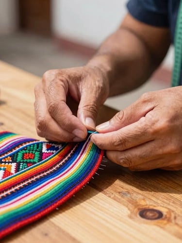 Close-up of a tailor's hands carefully stitching a colorful Mexican textile pet collar on a wooden workshop table in Celaya, warm daylight, shallow depth of field