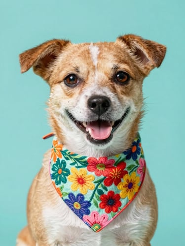 Vibrant eye-level portrait of a happy small dog wearing a colorful hand-stitched floral bandana, soft studio lighting, bright teal background