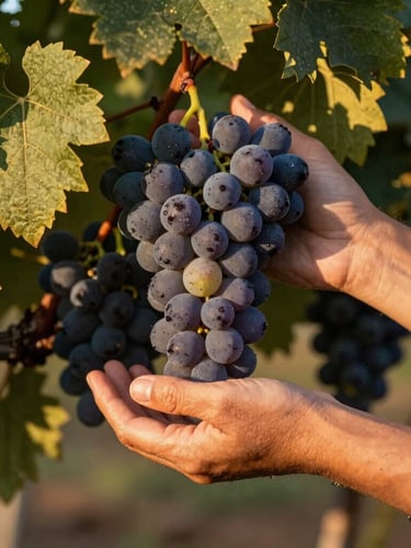 Close-up de mãos calejadas colhendo uvas maduras em um vinhedo sob a luz dourada do fim de tarde, foco seletivo nas uvas e nas folhas de videira.