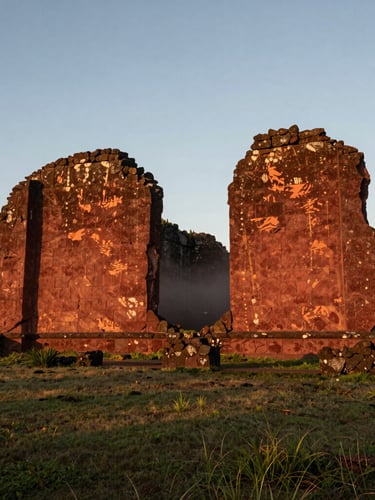 Wide cinematic shot of São Miguel ruins at golden hour, warm low light hitting red sandstone, mist rising from the grassy plains.
