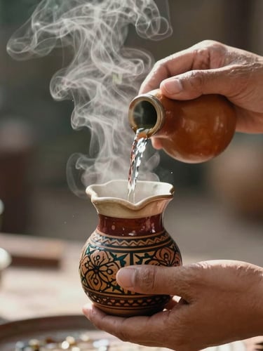 Tactile close-up of a local artisan's hands pouring hot water into a traditional decorated chimarrão gourd, soft morning light, steam rising, shallow depth of field
