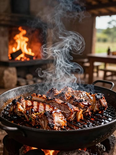 Fogo de chão lento assando costela tradicional gaúcha em ambiente rústico e acolhedor, fumaça sutil, iluminação quente de chamas.