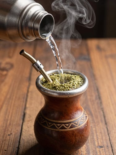 Tactile close-up of a traditional chimarrão being prepared, rich green yerba mate in a decorated gourd, hot water poured from a thermos, steam rising, warm rustic wooden background.