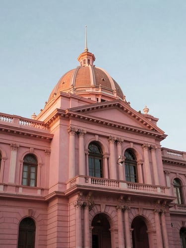 Low angle shot of majestic neoclassical architecture of the Mario Quintana Culture House in Porto Alegre, pink-hued historical facade, soft afternoon light, clear sky.