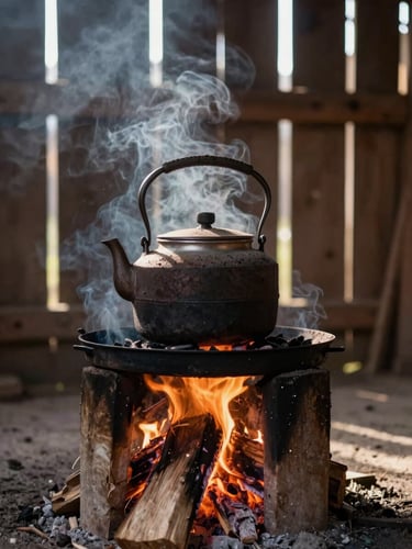 A traditional iron kettle heating over an open wood fire inside a rustic wooden barn, soft morning light filtering through wall gaps, rising steam.