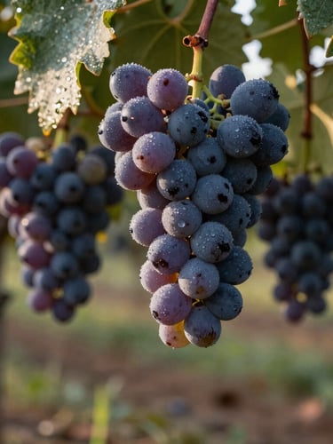 Foco fechado em uvas Cabernet Sauvignon maduras cobertas de orvalho matinal em um parreiral de Bento Gonçalves, luz suave de amanhecer.