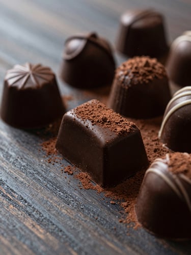Close-up of hand-crafted chocolates on a dark wooden table, soft side-lighting highlighting the rich texture and cocoa dust.